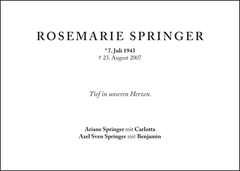  Traueranzeige für Rosemarie Springer vom 07.07.2018 aus Süddeutsche Zeitung