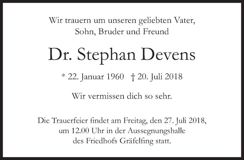  Traueranzeige für Stephan Devens vom 25.07.2018 aus Süddeutsche Zeitung