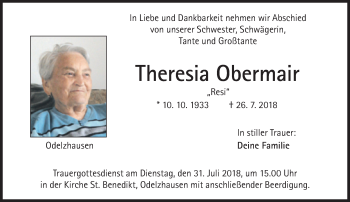 Traueranzeige von Theresia Obermair von Süddeutsche Zeitung