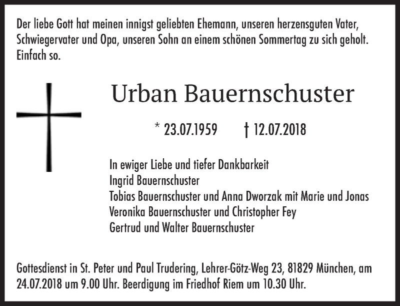  Traueranzeige für Urban Bauernschuster vom 20.07.2018 aus Süddeutsche Zeitung