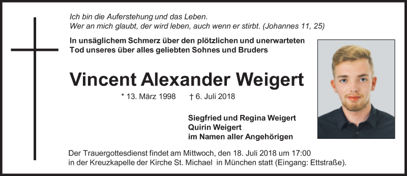  Traueranzeige für Vincent Alexander Weigert vom 14.07.2018 aus Süddeutsche Zeitung