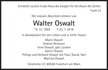 Traueranzeige von Walter Oswalt von Süddeutsche Zeitung