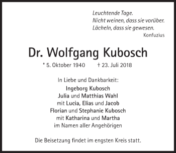 Traueranzeige von Wolfgang Kubosch von Süddeutsche Zeitung