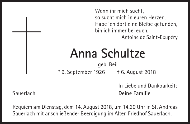  Traueranzeige für Anna Schultze vom 11.08.2018 aus Süddeutsche Zeitung