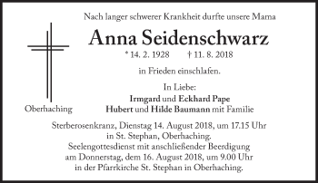 Traueranzeige von Anna Seidenschwarz von Süddeutsche Zeitung