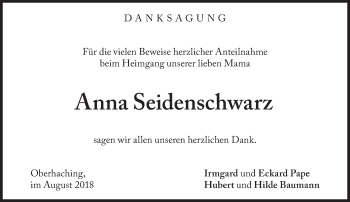 Traueranzeige von Anna Seidenschwarz von Süddeutsche Zeitung