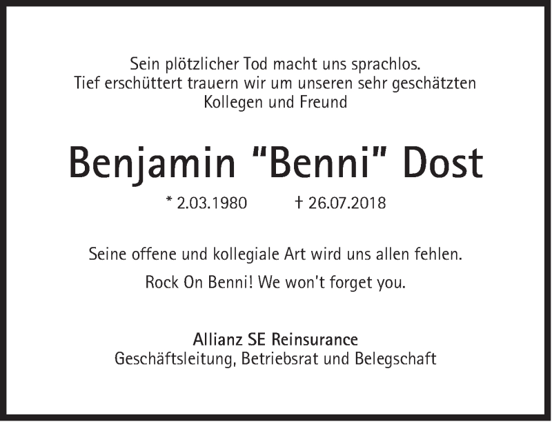  Traueranzeige für Benjamin  Dost vom 06.08.2018 aus Süddeutsche Zeitung