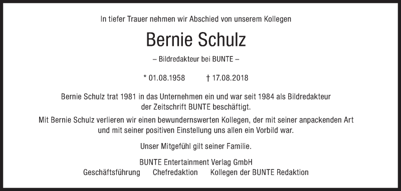  Traueranzeige für Bernie Schulz vom 22.08.2018 aus Süddeutsche Zeitung