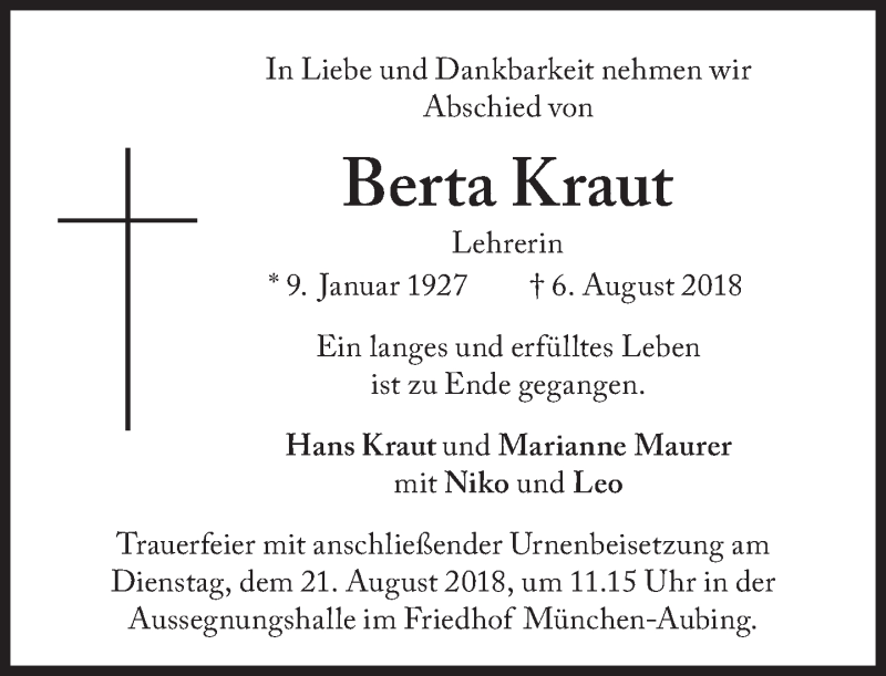  Traueranzeige für Berta Kraut vom 17.08.2018 aus Süddeutsche Zeitung