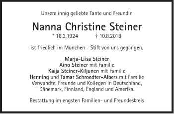 Traueranzeige von Christine Steiner von Süddeutsche Zeitung