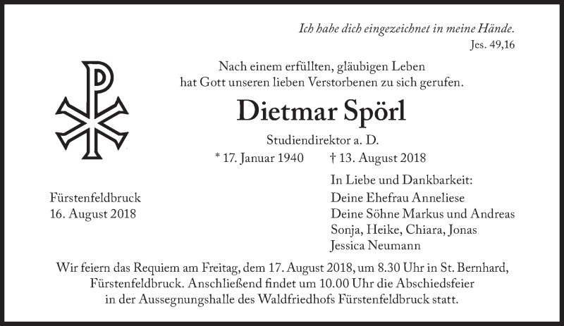  Traueranzeige für Dietmar Spörl vom 16.08.2018 aus Süddeutsche Zeitung