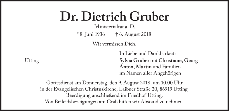  Traueranzeige für Dietrich Gruber vom 08.08.2018 aus Süddeutsche Zeitung