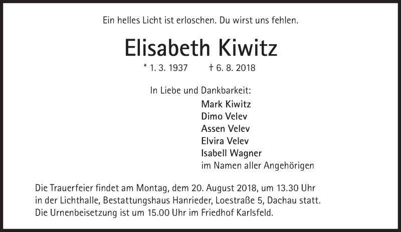  Traueranzeige für Elisabeth Kiwitz vom 11.08.2018 aus Süddeutsche Zeitung