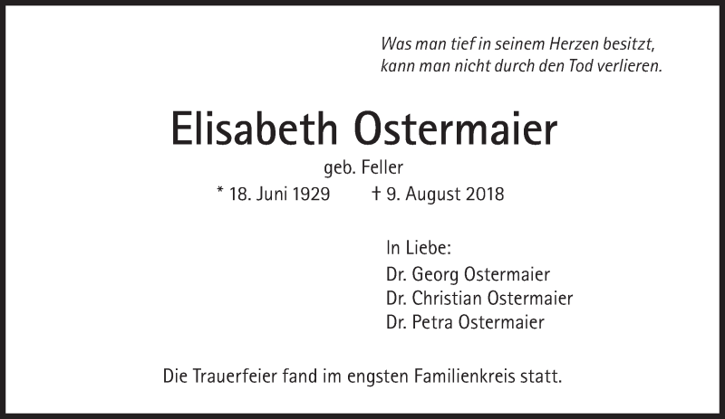  Traueranzeige für Elisabeth Ostermaier vom 25.08.2018 aus Süddeutsche Zeitung