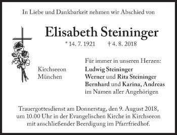 Traueranzeige von Elisabeth Steininger von Süddeutsche Zeitung