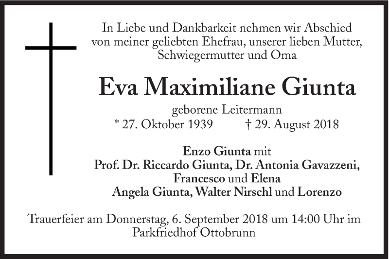  Traueranzeige für Eva Maximiliane Giunta vom 01.09.2018 aus Süddeutsche Zeitung