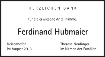 Traueranzeige von Ferdinand   Hubmaier von Süddeutsche Zeitung
