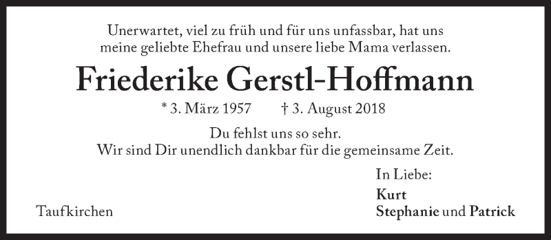  Traueranzeige für Friederike Gerstl-Hoffmann vom 08.08.2018 aus Süddeutsche Zeitung