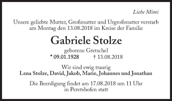 Traueranzeige von Gabriele Stolze von Süddeutsche Zeitung