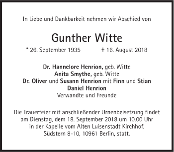 Traueranzeige von Gunther Witte von Süddeutsche Zeitung
