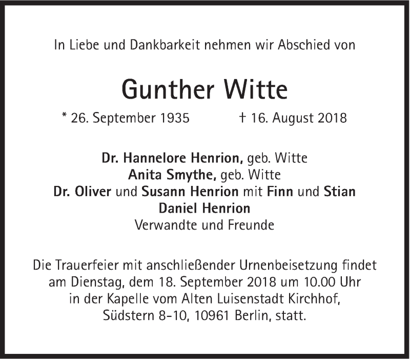  Traueranzeige für Gunther Witte vom 25.08.2018 aus Süddeutsche Zeitung