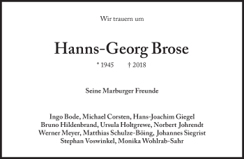 Traueranzeige von Hanns-Georg Brose von Süddeutsche Zeitung
