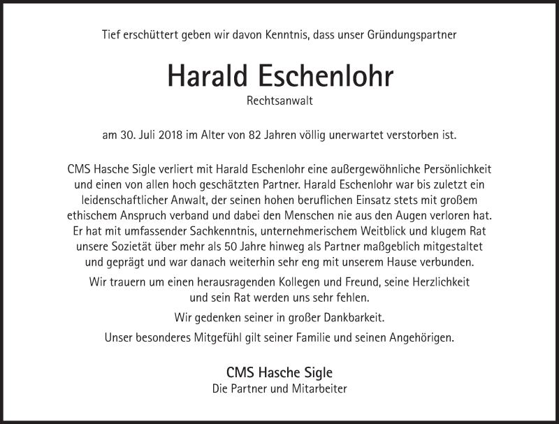 Traueranzeige für Harald Eschenlohr vom 04.08.2018 aus Süddeutsche Zeitung