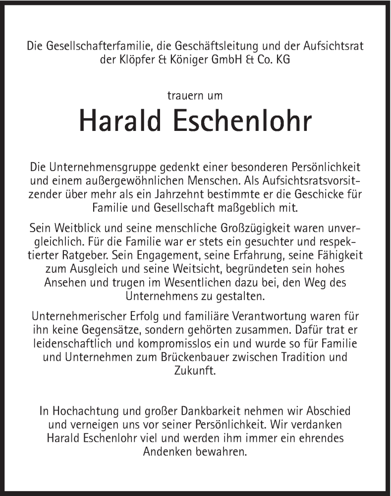  Traueranzeige für Harald Eschenlohr vom 07.08.2018 aus Süddeutsche Zeitung