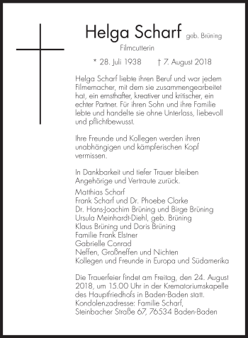 Traueranzeige von Helga Scharf von Süddeutsche Zeitung