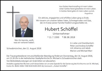 Traueranzeige von Hubert Schöffel von Süddeutsche Zeitung
