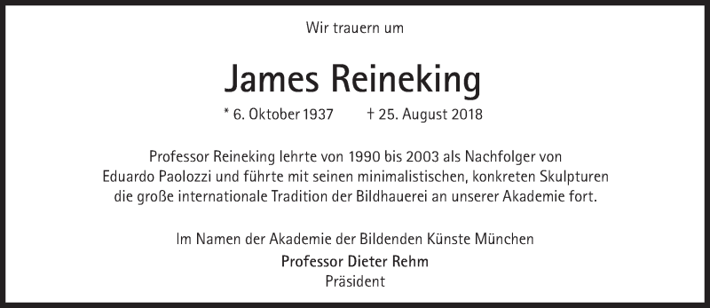  Traueranzeige für James Reineking vom 30.08.2018 aus Süddeutsche Zeitung