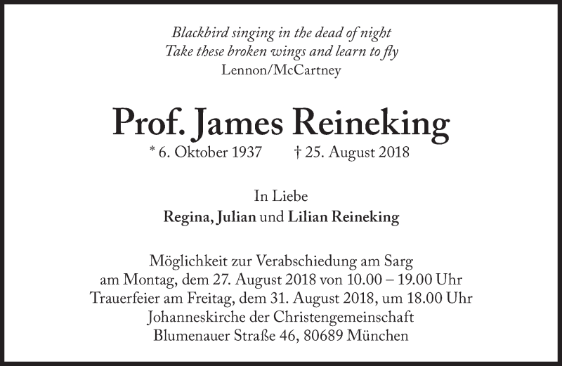  Traueranzeige für James Reineking vom 27.08.2018 aus Süddeutsche Zeitung