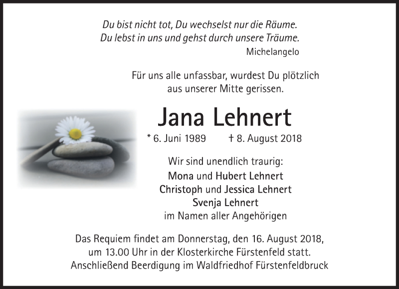  Traueranzeige für Jana Lehnert vom 11.08.2018 aus Süddeutsche Zeitung