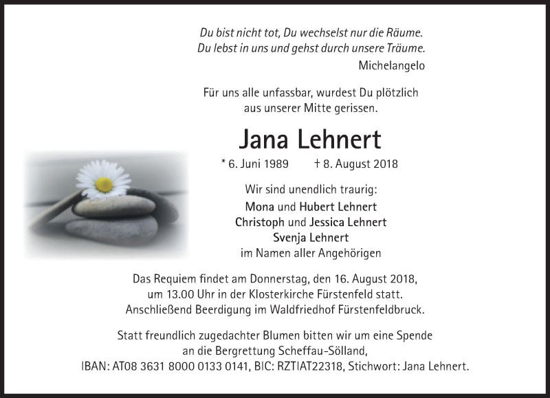  Traueranzeige für Jana Lehnert vom 14.08.2018 aus Süddeutsche Zeitung
