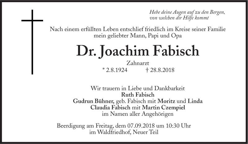  Traueranzeige für Joachim Fabisch vom 01.09.2018 aus Süddeutsche Zeitung