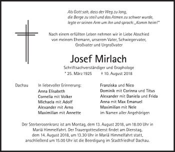Traueranzeige von Josef Mirlach von Süddeutsche Zeitung