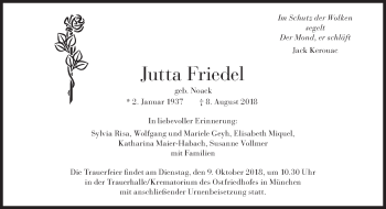 Traueranzeige von Jutta Friedel von Süddeutsche Zeitung