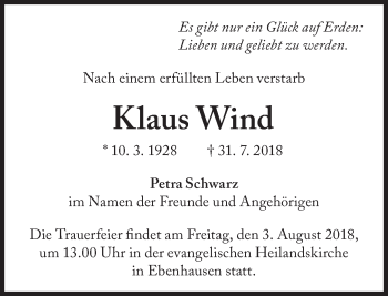 Traueranzeige von Klaus Wind von Süddeutsche Zeitung