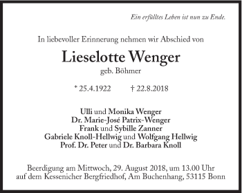 Traueranzeige von Lieselotte Wenger von Süddeutsche Zeitung