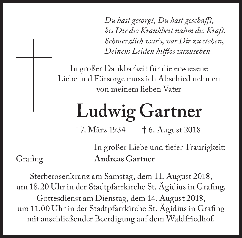  Traueranzeige für Ludwig Gartner vom 08.08.2018 aus Süddeutsche Zeitung