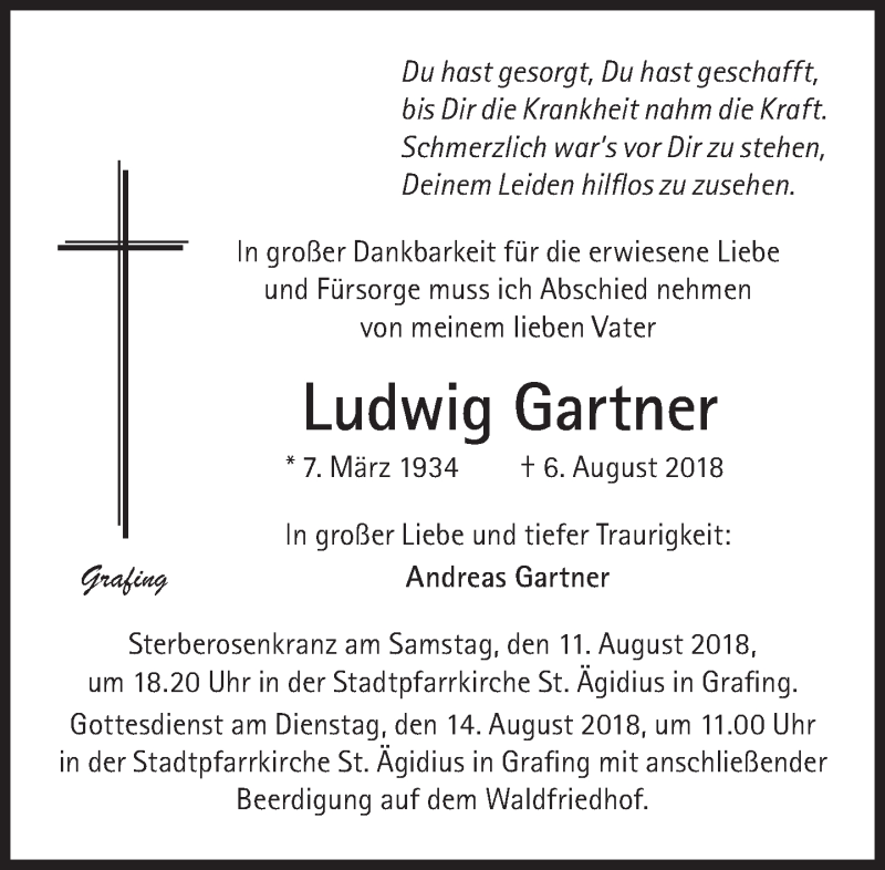  Traueranzeige für Ludwig Gartner vom 11.08.2018 aus Süddeutsche Zeitung