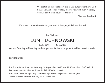 Traueranzeige von Lun Tuchnowski von Süddeutsche Zeitung