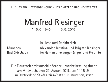 Traueranzeige von Manfred Riesinger von Süddeutsche Zeitung