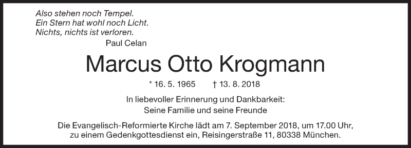  Traueranzeige für Marcus Otto Krogmann vom 01.09.2018 aus Süddeutsche Zeitung