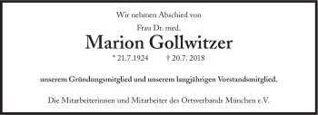 Traueranzeige von Marion Gollwitzer von Süddeutsche Zeitung