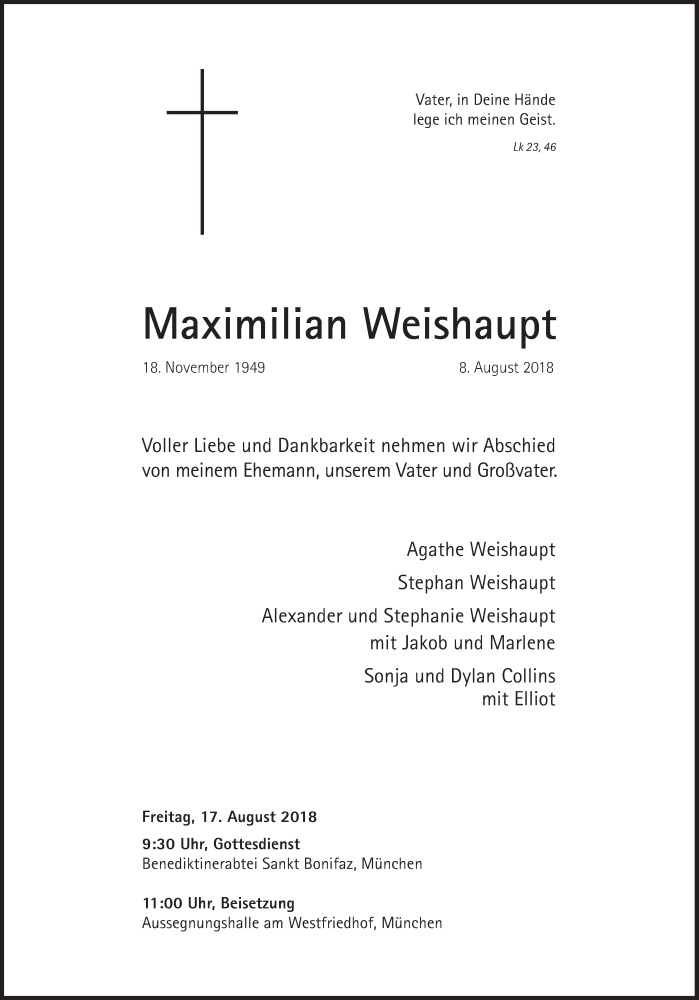  Traueranzeige für Maximilian Weishaupt vom 14.08.2018 aus Süddeutsche Zeitung