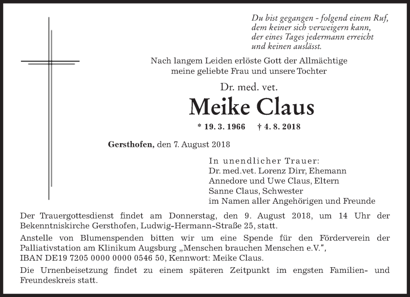  Traueranzeige für Meike Claus vom 07.08.2018 aus Süddeutsche Zeitung