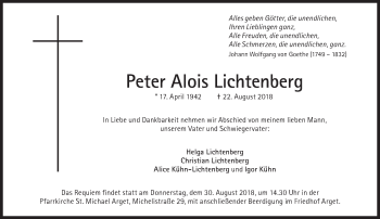 Traueranzeige von Peter Alois Lichtenberg von Süddeutsche Zeitung