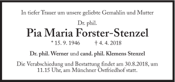 Traueranzeige von Pia Maria Forster-Stenzel von Süddeutsche Zeitung