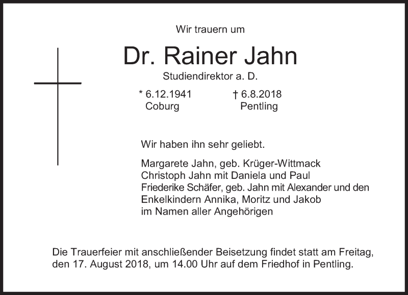  Traueranzeige für Rainer Jahn vom 11.08.2018 aus Süddeutsche Zeitung